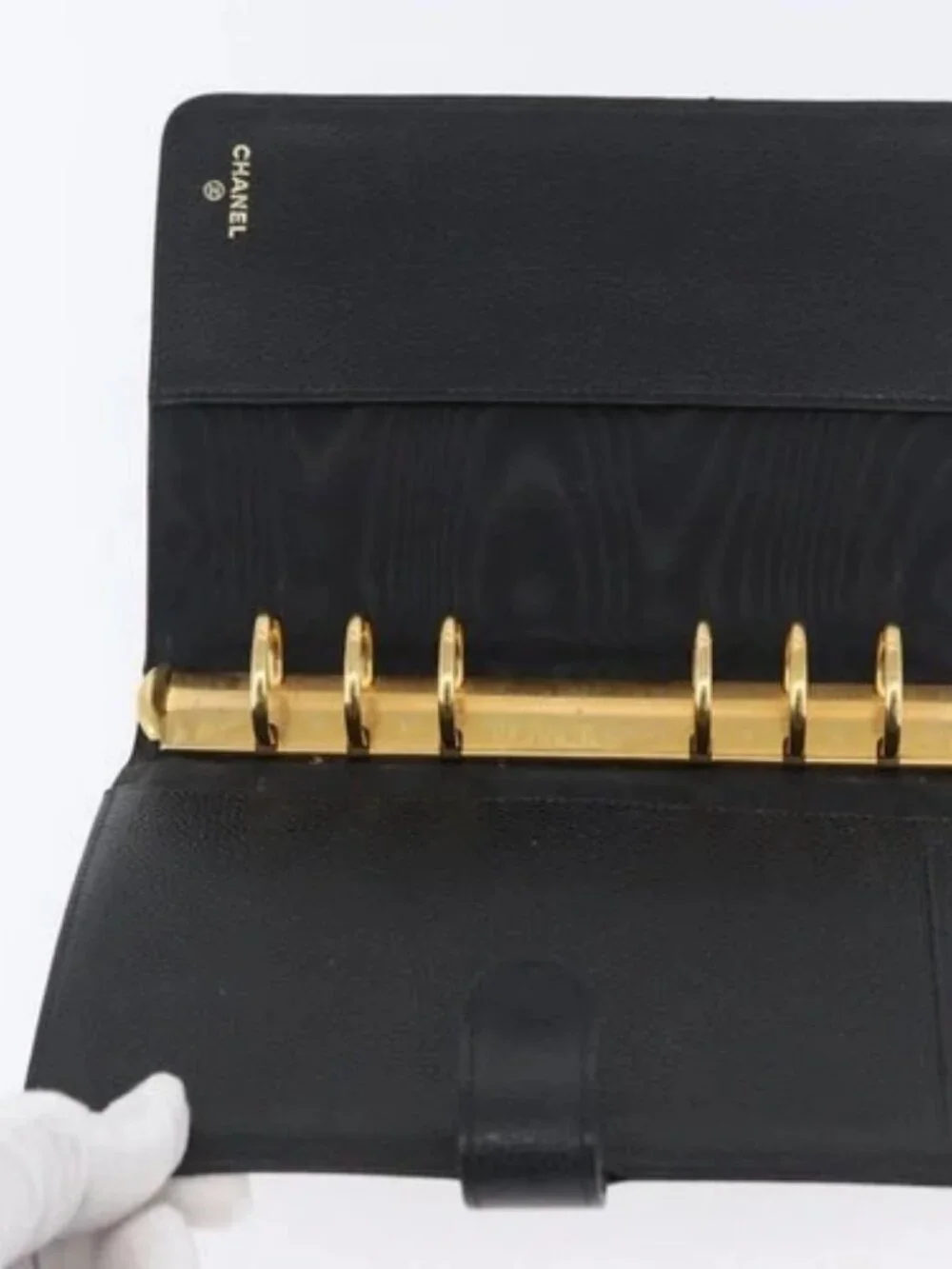 CHANEL Day Planner Cover Grained Calf Skin Black Gold CC Auth BA10875
